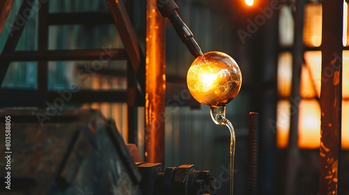 Traditional glassblowing in an old factory, close-up, detailed glass bulb and blowpipe photo