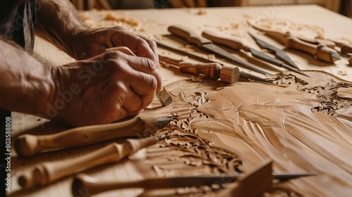 Craftsman carving wood in a historic furniture workshop, close-up, detailed chisels and wood grain  photo