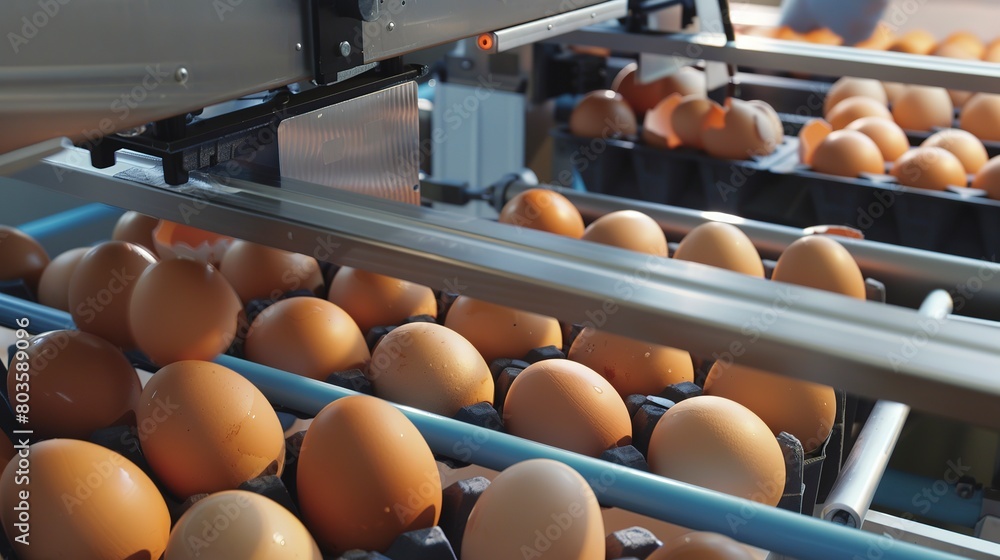 Automated egg sorting and packaging, close-up, detailed handling and tray loading 