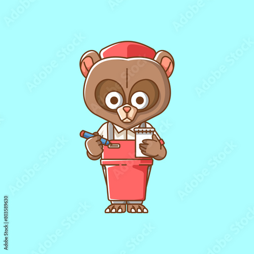 Cute bear waiter animal kawaii chibi character mascot illustration outline style design