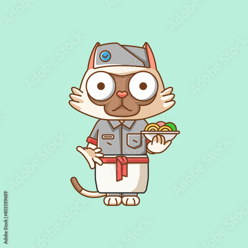 Cute cat waiter animal kawaii chibi character mascot illustration outline style design