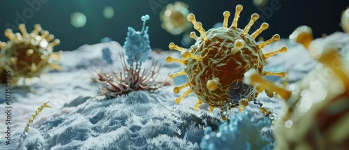 Detailed 3D representation of cancer immunotherapy, showing T-cells targeting cancer cells