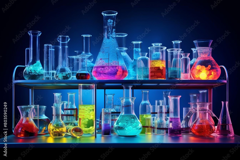 Biochemistry lab, vibrant neoncolored specimens, modern equipment, closeup Biochemistry lab, vibrant neoncolored specimens, modern equipment, closeup