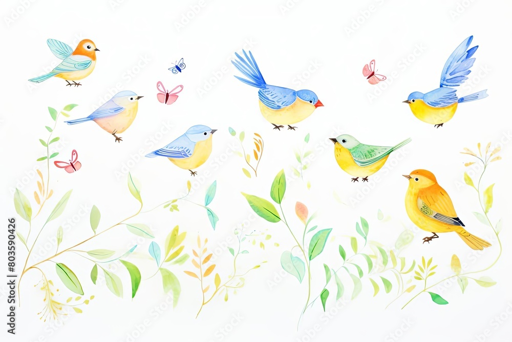 birds feeding watercolor, busy birds feeding watercolor