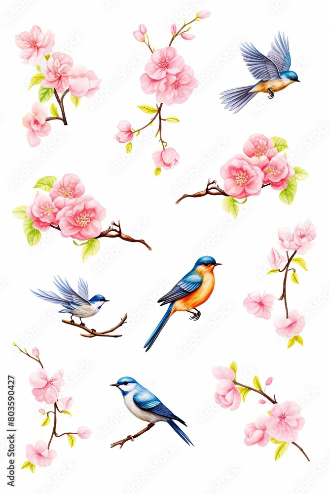 birds and blossoms watercolor, springtime birds and blossoms watercolor