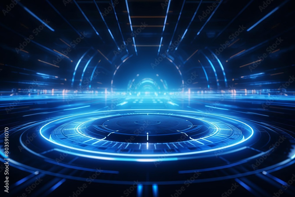 Blue neon HUD design on technology background, wide angle, crisp focus Blue neon HUD design on technology background, wide angle, crisp focus