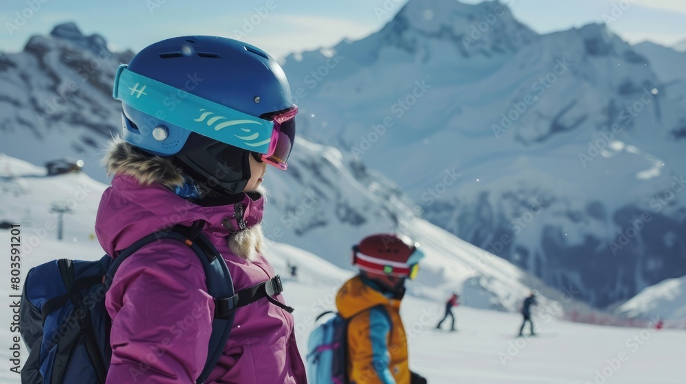 Ski instructor guides young beginners in winter season