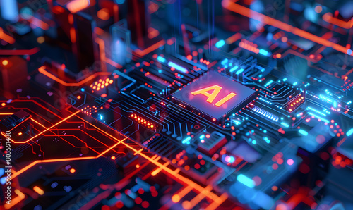 Processor with a glowing AI logo - artificial intelligence on a circuit board.