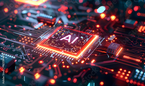Processor with a glowing AI logo - artificial intelligence on a circuit board.