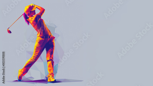 Orange purple geometric form illustration of golf player after hitting the ball