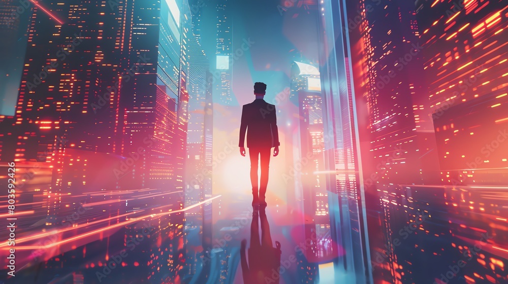 Capture a dynamic Worms-eye view of an Entrepreneur in a sleek suit, confidently walking against a futuristic cityscape Utilize Digital Rendering Techniques with sharp lines and bold colors, emphasizi Capture a dynamic Worms-eye view of an Entrepreneur in a sleek suit, confidently walking against a futuristic cityscape Utilize Digital Rendering Techniques with sharp lines and bold colors, emphasizi