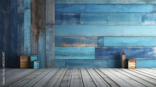 imagine A captivating arrangement of empty wooden planks in varying shades of ocean blue, evoking a sense of depth and tranquility.