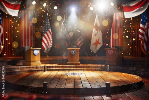 Detailed setup of politics-themed elements, including podiums, posters, and flags on a wooden backdrop. photo