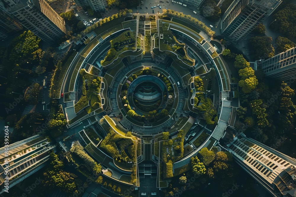 Capture a futuristic cityscape, merging utopian elements like lush gardens and sleek architecture, juxtaposed with subtle hints of societal struggles Employ drone photography for a mesmerizing aerial