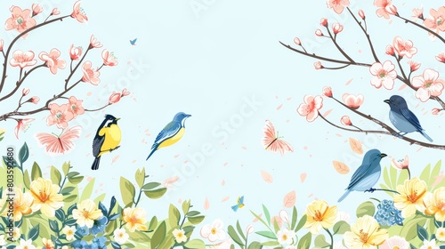 Hand drawn flat spring background with blooming flowers and birds with blank space. Illustration