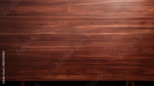 imagine A minimalist aerial shot of an empty wooden table in a rich mahogany shade.