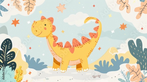 Beautiful childish composition with hand drawn cute dinosaur with stars. Colorful kids clip art. Illustration