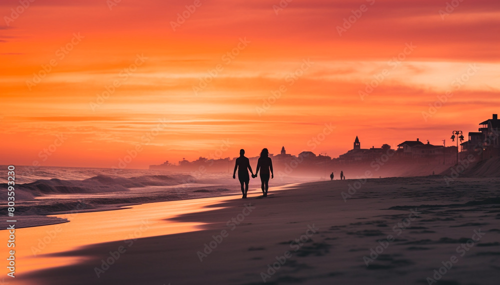 Silhouette of two people walking on beach 