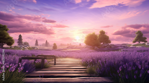 imagine A tranquil scene of empty wooden planks in soothing lavender and lilac tones, creating a dreamlike atmosphere reminiscent of a peaceful meadow.