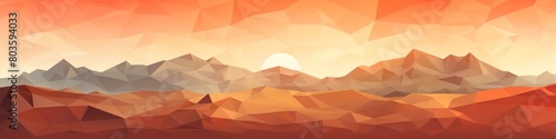 A mountain range with a sun in the sky  banner  copy space. Desert landscape low poly style imitation  backdrop.