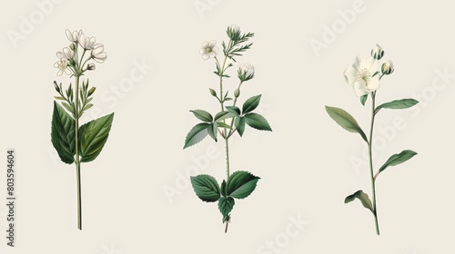 Elegant botanical illustrations of flowers  leaves  or herbs for botanical-themed designs or packaging.