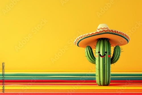 Funny smiling cactus wearing traditional mexican sombrero hat on bright colorful striped background. Cinco de Mayo. Viva Mexico. Traditional latin holiday, party or fiesta creative concept. Copy space