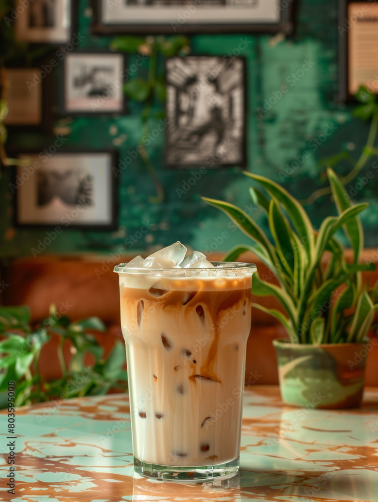 gourmet commercial, an iced coffee and a latte, light brown marble tabletop, flanked by metal plates and black tea, realistic photography style, 