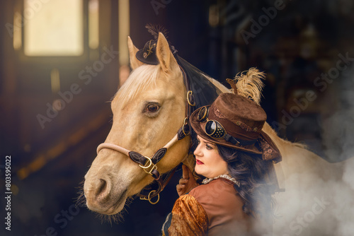 Portrait of a young woman and her palomino horse cosplay dressed in a steampunk outfit © Annabell Gsödl