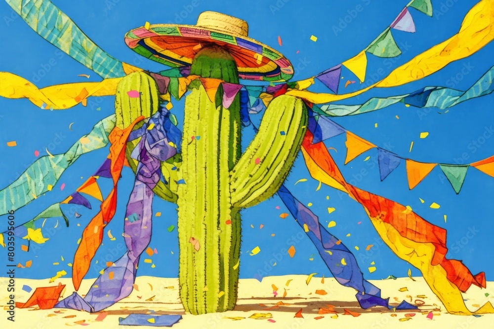 Cactuses wearing traditional mexican sombrero hat in desert. Cinco de Mayo festive background. Viva Mexico. Traditional latin holiday, party, fiesta funny creative concept with copy space