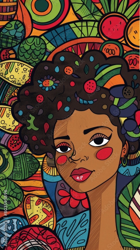 African american woman with a colorful headdress and a red lip, Doodle art illustration, juneteenth mood wallpaper