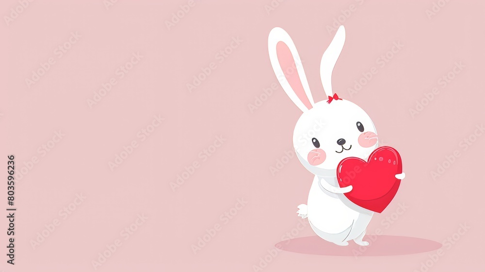 Flat image, Valentine's Day, cute cartoon bunny with red heart on pale pink background, copy space on left. cartoons. Illustrations Flat image, Valentine's Day, cute cartoon bunny with red heart on pale pink background, copy space on left. cartoons. Illustrations