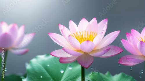 Pink lotus flowers closeup on a gray background with drops on the leaves.