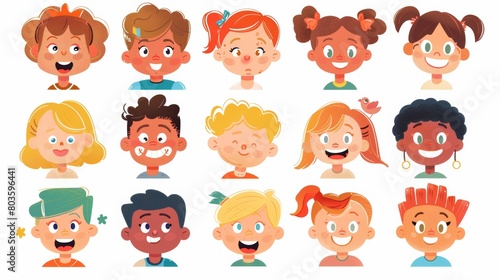 Set of cute happy children people faces in funny colorful illustration style. Flat cartoon toddler head collection for education concept or kid project. cartoons. Illustrations
