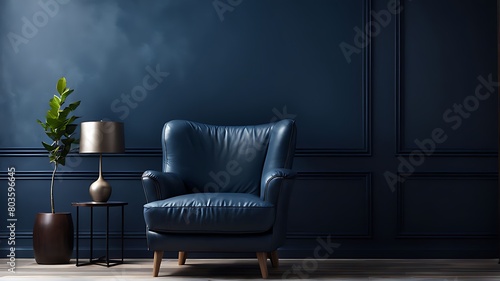  Modern interior of living room with leather armchair on wood flooring and dark blue wall 