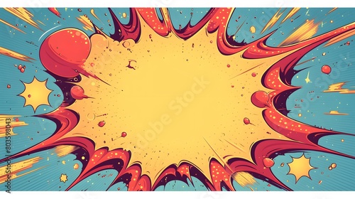 A pop art comic book style explosion of red and yellow, with an empty speech bubble in the center. The background is a light blue with sun rays coming from all directions.