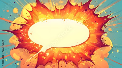 A pop art comic book style explosion of red and yellow, with an empty speech bubble in the center. The background is a light blue with sun rays coming from all directions.