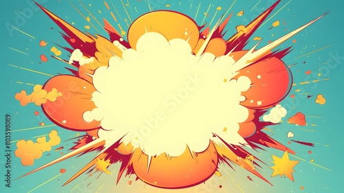 A pop art comic book style explosion of red and yellow, with an empty speech bubble in the center. The background is a light blue with sun rays coming from all directions.