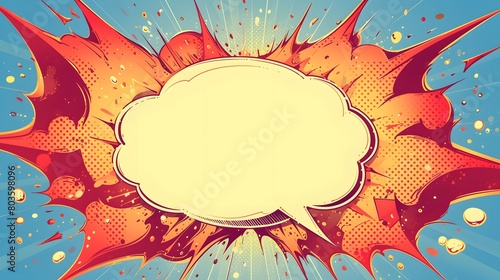 A pop art comic book style explosion of red and yellow, with an empty speech bubble in the center. The background is a light blue with sun rays coming from all directions.