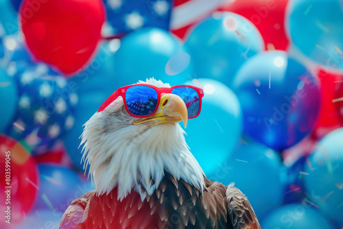  cool bald eagle in patriotic sunglasses with balloons background and with american,