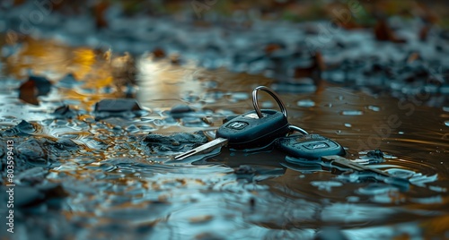 Low Angle Closeup Photography Of A Lost Car Keys In Rain/Flood, Lost Keys? Car Keys in Puddle - Wet Key Emergency,  photo