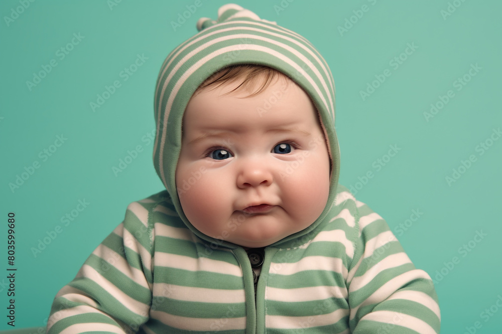 imagine A chubby-cheeked baby boy with bright eyes, wearing a striped onesie, sitting against a mint green background. imagine A chubby-cheeked baby boy with bright eyes, wearing a striped onesie, sitting against a mint green background.