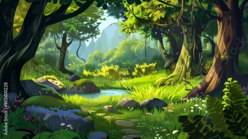 Magical Forestscape: A 2D Green Illustration of Nature's Beauty, Ideal for Enchanting Backgrounds and Landscapes. cartoons. Illustrations photo