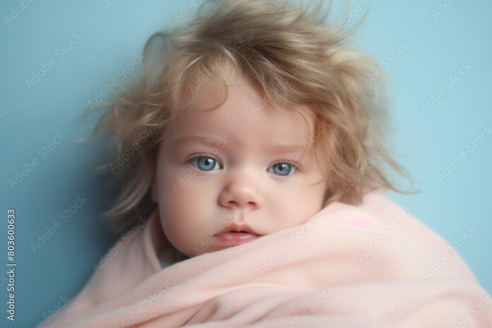 A sleepy baby boy with tousled hair, wrapped in a soft blue blanket, lying against a pale pink background. A sleepy baby boy with tousled hair, wrapped in a soft blue blanket, lying against a pale pink background.