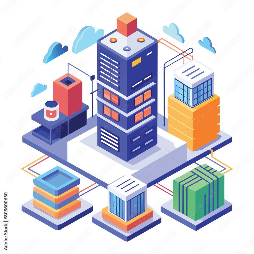 Data exploration data center model flat vector illustration on white background.