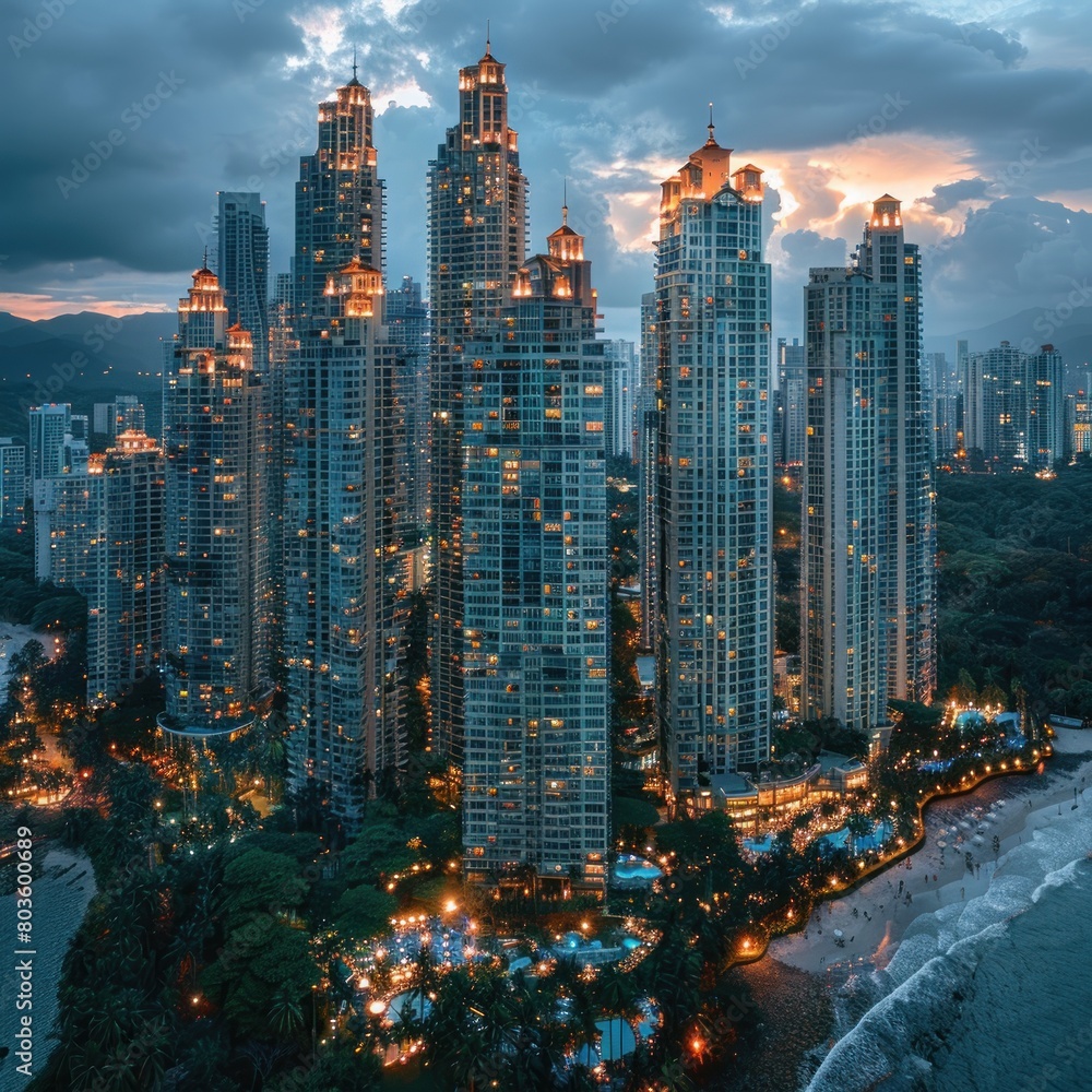 Obraz premium The tall, majestic office building for business seen at night with the lights on is observed from above, captured by a drone camera