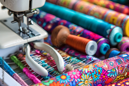 The Artful Ensemble of Sewing Tools and Multicolored Fabrics