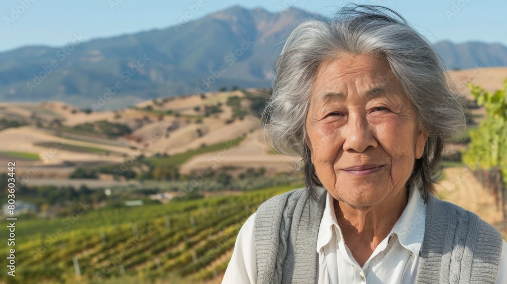 A portrait of an elderly Asian woman with gray hair
