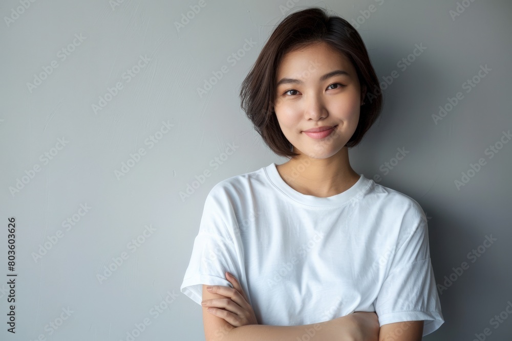 Portrait of a confident Korean girl, student, arms crossed on chest, standing over white background Portrait of a confident Korean girl, student, arms crossed on chest, standing over white background