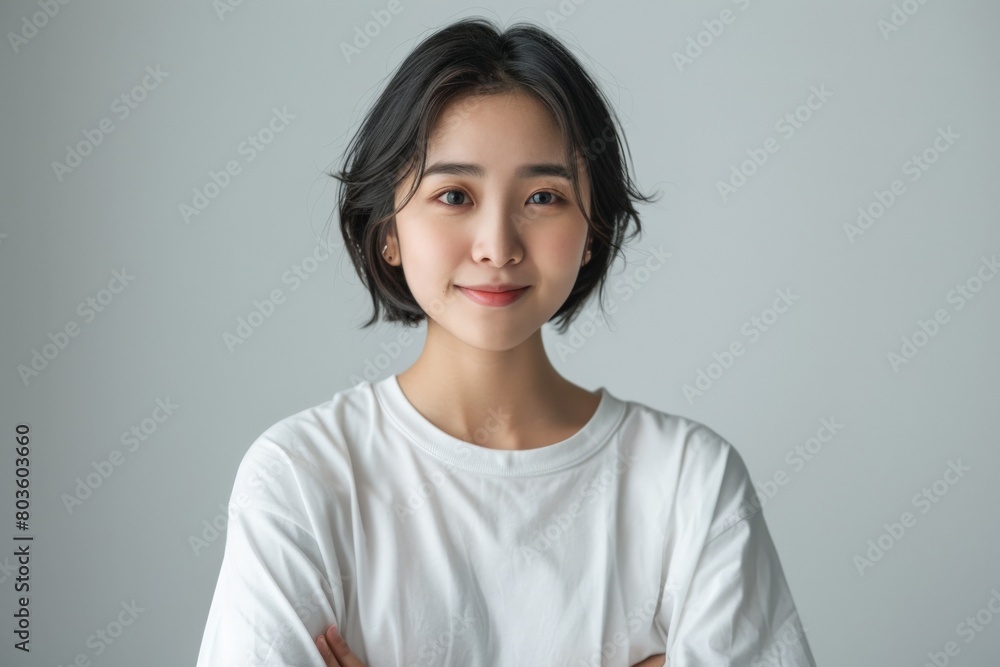 Portrait of a confident Korean girl, student, arms crossed on chest, standing over white background Portrait of a confident Korean girl, student, arms crossed on chest, standing over white background
