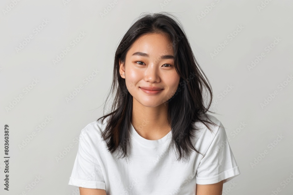 Portrait of a confident Korean girl, student, arms crossed on chest, standing over white background Portrait of a confident Korean girl, student, arms crossed on chest, standing over white background